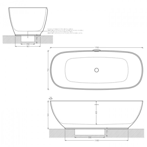 Artceram Hoop Ванна отдельностоящая, 170х70хh50см, с переливом и слив.крышкой, Livingtec, цвет: grigio oliva