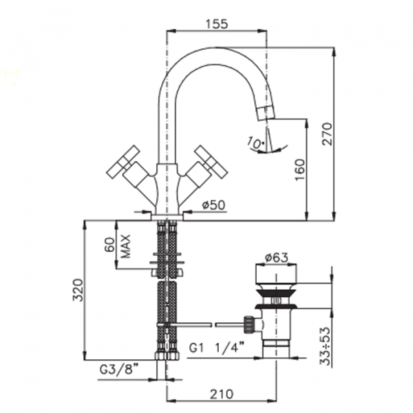 Nicolazzi M.Croce Смеситель для раковины с 2мя ручками, излив: 155мм, цвет: хром