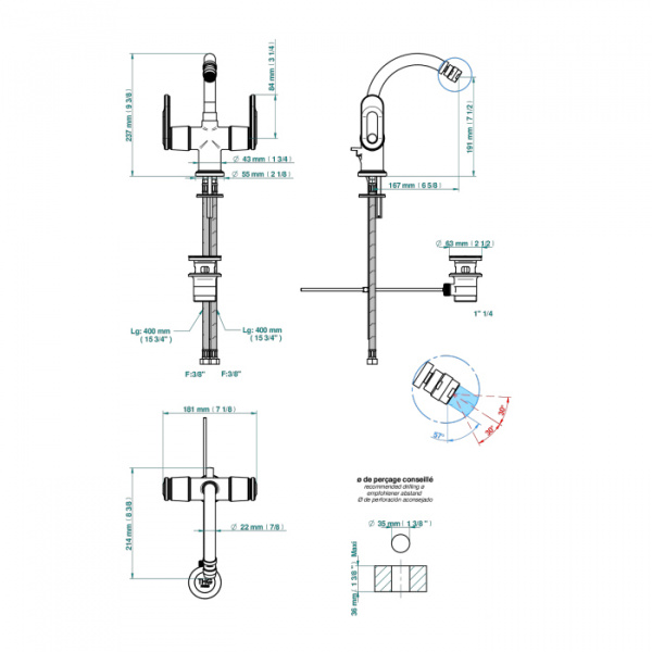 THG CORVAIR A MANETTES FIOR DI BOSCO Смеситель для биде на 1 отверстие, 2-х вентильный, с донным клапаном, цвет: Blush PVD