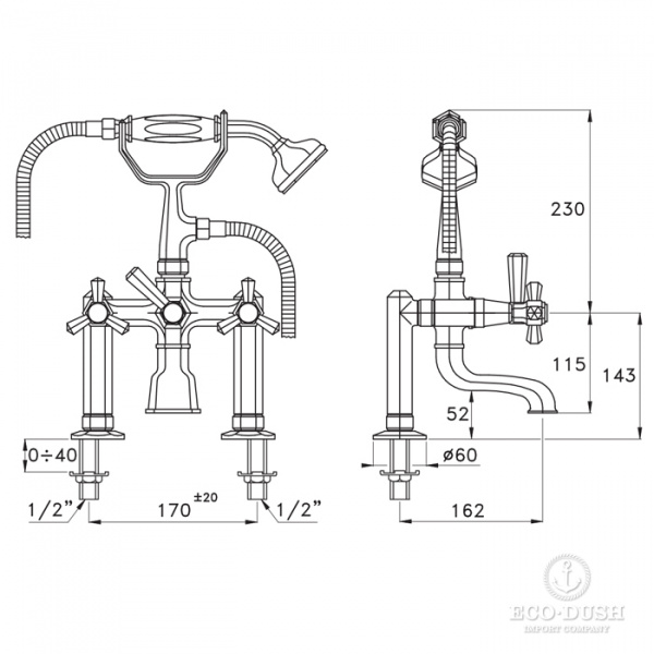 Stella Eccelsa Смеситель на борт ванны на 2 отверстия 3274RG306 с ручным душем, цвет: золото