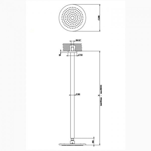 Gessi Goccia Верхний душ для потолочного крепления Ø216мм с инд.высотой (50-1800мм), цвет: хром