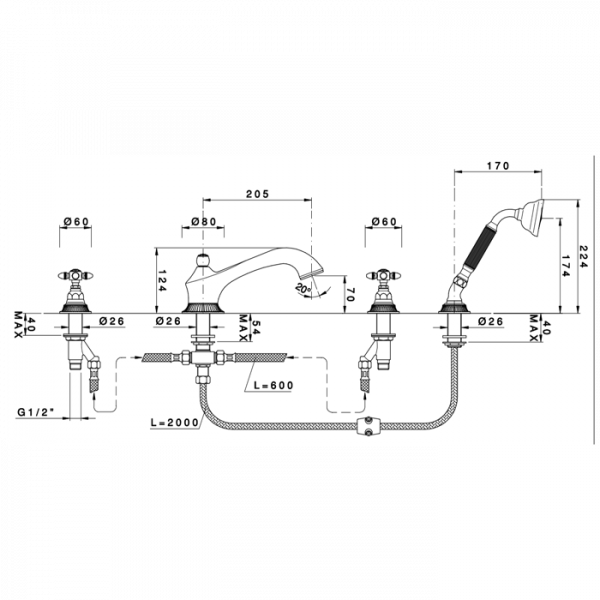 Nicolazzi Impero Смеситель на борт ванны, 4 отв., излив: 205 мм, с ручным душем, цвет: хром