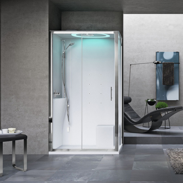 Novellini Eon Душевая кабина 120х80х221см, Sx, термостатический смеситель, гидромассаж, верхний душ, LED подсветка, стекло, цвет: хром/белый глянец