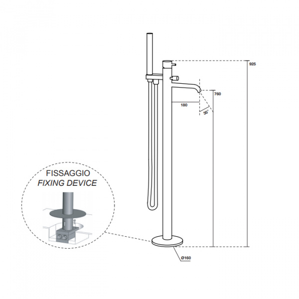 Kerasan Nolita Смеситель для ванны, напольный, с ручной лейкой, излив 180мм, h760мм, цвет: черный матовый
