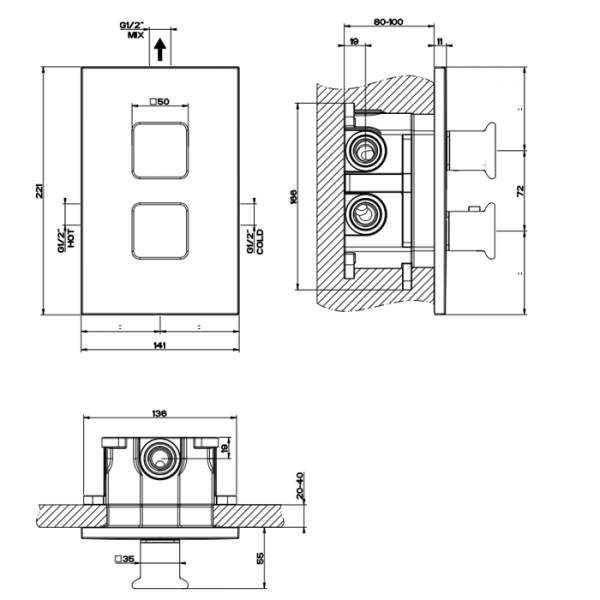 Gessi iSpa Встраиваемый термостатический смеситель, подключение на 3/4”, с фильтрами, внешняя часть, цвет: хром