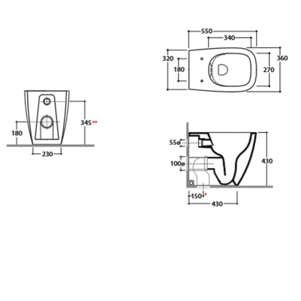 Globo Genesis Унитаз напольный приставной,  безободковый 55 см,слив универсальный, с креплением, цвет: белый, сиденье на выбор