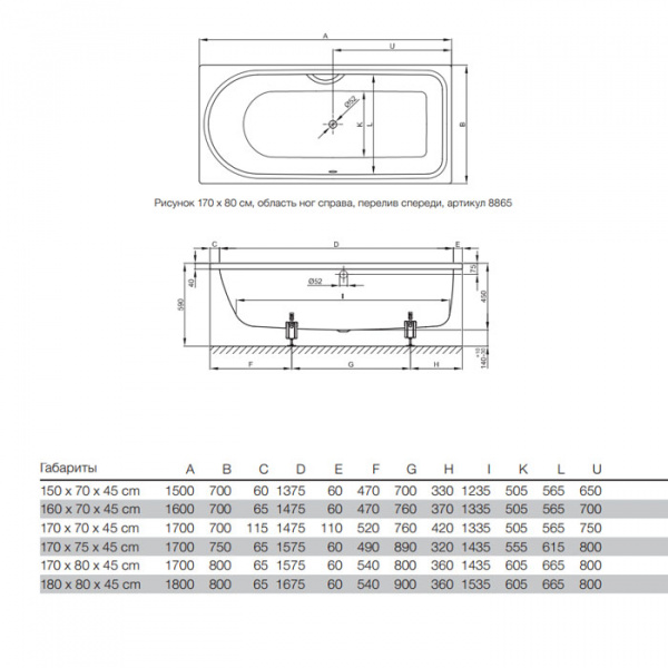 Bette Ocean Ванна с шумоизоляцией пристенная, 170х80х45см, перелив спереди, BetteGlasur® Plus, антислип, с комплектом ножек