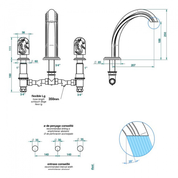 THG Naïade Cмеситель на борт ванны, на 3 отверстия, без ручного душа, цвет: полированное золото