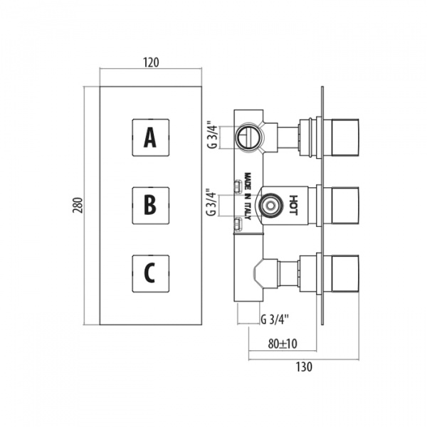 Gattoni Termostatici Термостатический встраиваемый смеситель для душа 3 рычага на 3 источника, цвет: хром