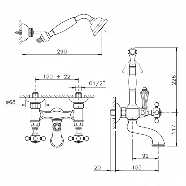 Nicolazzi Half Dome Crystal Смеситель для ванны с душем duplex настенный на 2 отверстия, излив: 155 мм, цвет: хром