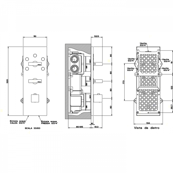 Gessi Rettangolo Встраиваемый термостатический смеситель, подключение на 3/4”, с 5ю выходами и селектором, внешняя часть, цвет: хром