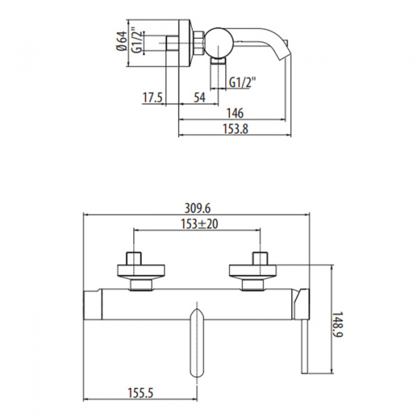 Gattoni Circle Two Смеситель для ванны настенный излив, 146 мм, цвет: Nero Opaco