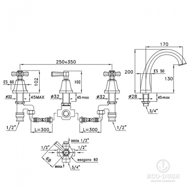 Stella Eccelsa Смеситель на борт ванны на 4 отверстия 3256TR, цвет: золото