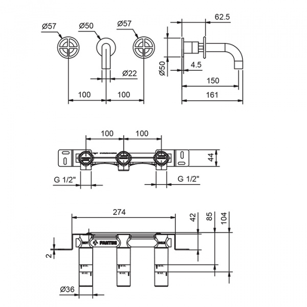 Fantini Fontane Bianche Смеситель для раковины, настенный, цвет: Matt Gun Metal PVD