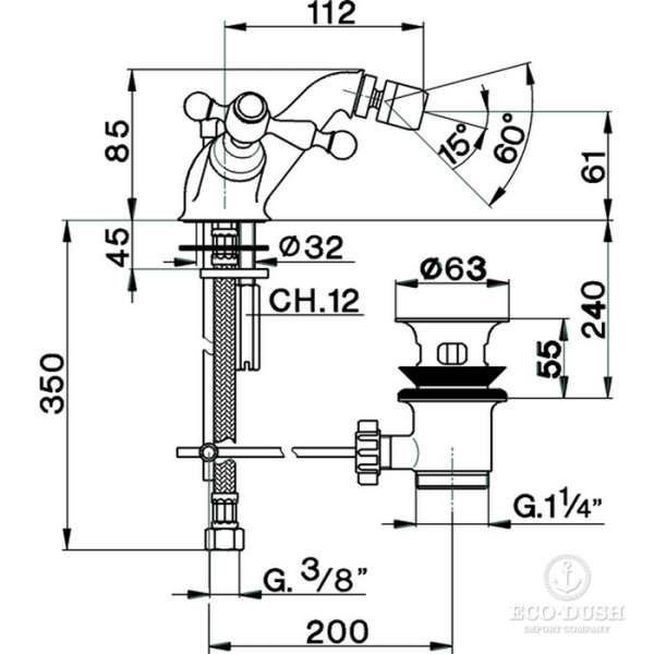 CISAL Arcana America Смеситель для биде на 1 отверстие, с донным клапаном, цвет: бронза