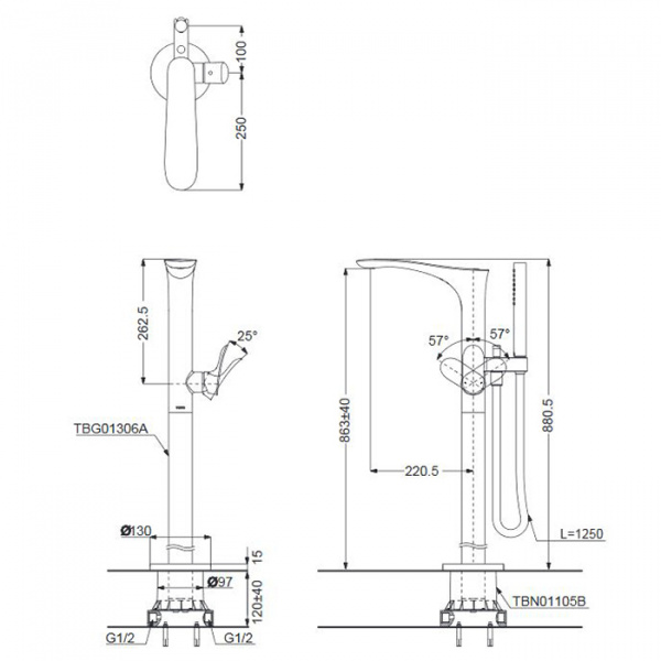 TOTO NC Смеситель для ванны, 135x365x880 мм, отдельностоящий с ручным душем, Active Wave, цвет: хром