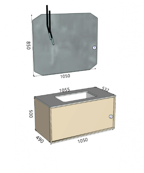 Cerasa Des Комплект подвесной мебели 105 см, цвет RAL 1013 Bianco opaco с фасадной частью цвет  Bianco Opaco, с интегрированной раковиной , акриловой столешницей белой матовой,зеркалом и светильником черным матовым