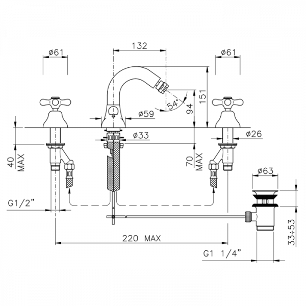 Nicolazzi Nuova Brenta Смеситель для биде на 3 отверстия, с донным клапаном, излив: 132мм, цвет: хром