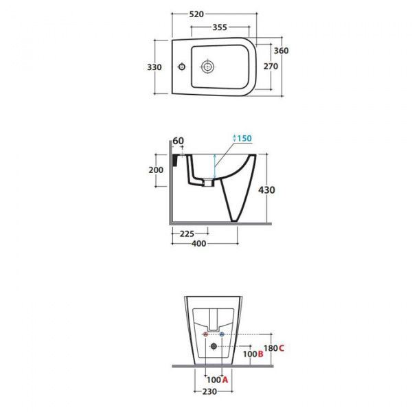 Globo Stone Биде напольное пристенное 52х36см, c 1 отв.под смеситель, системой скрытого крепежа, цвет: белый