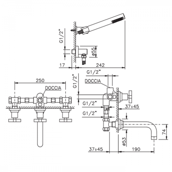 Nicolazzi M.Croce Встраиваемый Смеситель для ванны с 2мя ручками с переключателем ванна/душ, + комплект руч. душа, цвет: хром