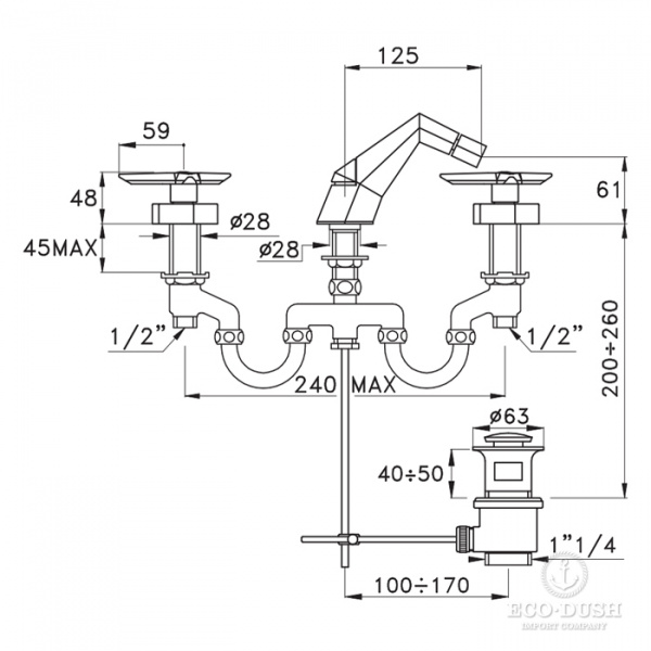 Stella Stella Смеситель для биде на 3 отверстия 3601, с донным клапаном, цвет: хром