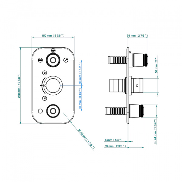 THG CORVAIR Смеситель для душа встраиваемый, термостатический, с запорным вентилем и переключателем на 2 положения, внешняя часть, цвет: хром