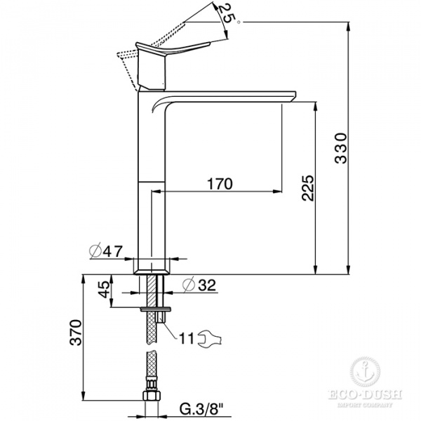 HUBER Harlock Смеситель однорычажный для раковины на 1 отверстие, высокий h225 мм, без донного клапана, цвет: черный титан,