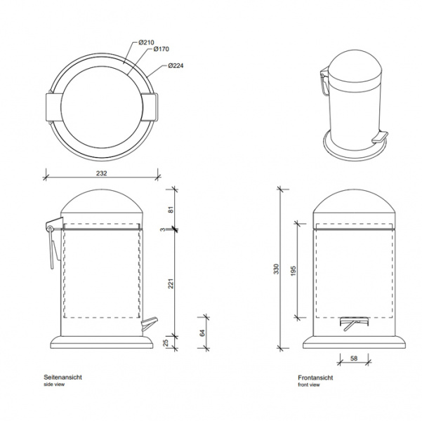 Decor Walther TE 30 Ведро 17xh31см, с педалью и крышкой, напольное, цвет: золотой лак