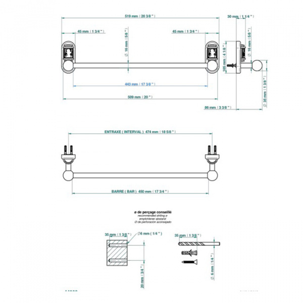 THG Ange Полотенцедержатель 45см., подвесной, цвет: хром