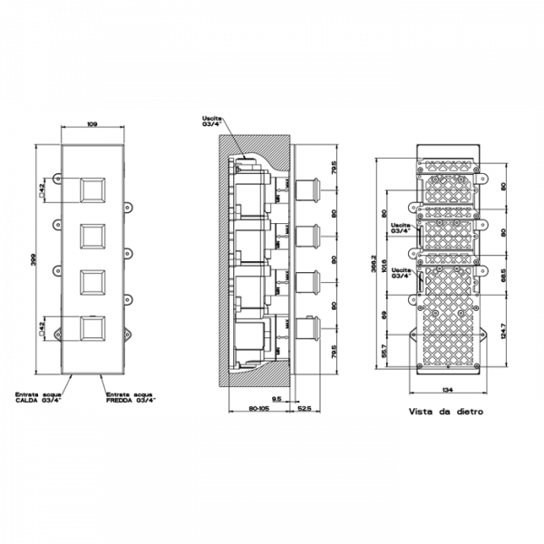 Gessi Eleganza Встраиваемый термостатический смеситель, подключение на 3/4”, с 3мя независимыми выходами, внешняя часть, цвет: хром
