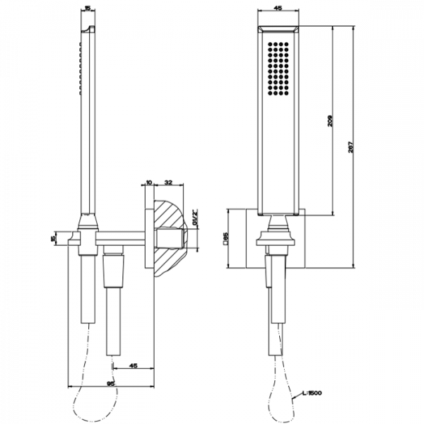 Gessi Eleganza Душевой комплект: вывод на 1/2”, держатель, шланг 1,5м и душевая лейка, цвет: золото