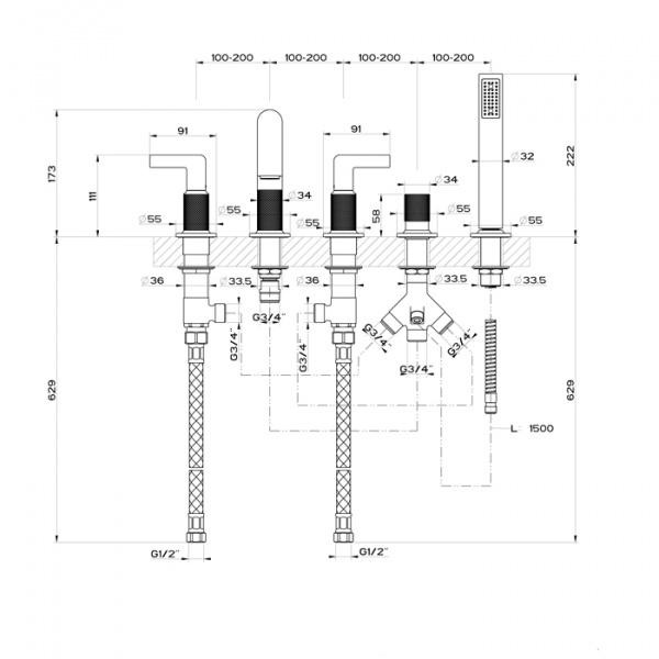 Gessi Inciso- Смеситель для ванны на 5 отверстий с изливом, переключателем, ручным душем и шлангом 1,50 м, цвет: black XL