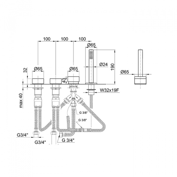Fantini AF/21 Набортный смеситель для ванны, без излива, 4 отв., цвет: Matt Gun Metal PVD