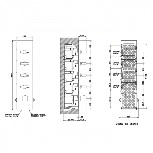 Gessi Rettangolo Встраиваемый термостатический смеситель, подключение на 3/4”, с 4мя независимыми выходами, внешняя часть, цвет: хром