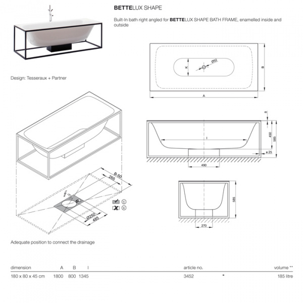 Bette Lux SHAPE Ванна прямоугольная отдельностоящая, 180х80х45см на каркасе, покрыта эмалью снаружи и изнутри, BetteGlasur® Plus