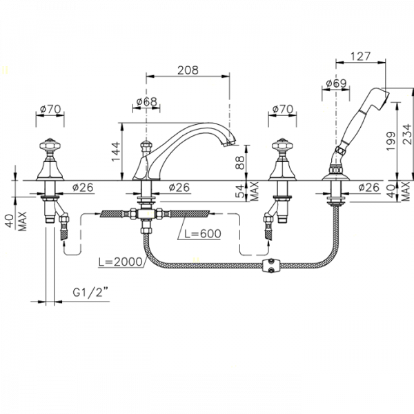 Nicolazzi Teide Смеситель на борт ванны, 4 отв., излив: 223 мм, с ручным душем, ручки Crystal handle, цвет: хром