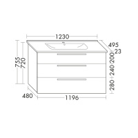 Burgbad Essento База подвесная с керам.умыв.123х49.5х75.5см. 3 выдв ящика, вкл сифон, с 1 отв для смес. цвет: белый  высоглянц F1130,без-рейлинг G0090 с зеркалом с подсветкой