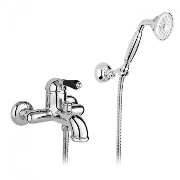 Nicolazzi Ceramica Nera Смеситель для ванны однорычажный, настенный, с ручным душем, ручки черная керамика, цвет: хром