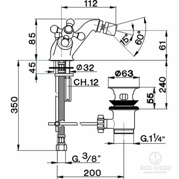 CISAL Arcana Ceramic Смеситель двухвентильный для биде на 1 отверстие с донным клапаном, цвет: бронза