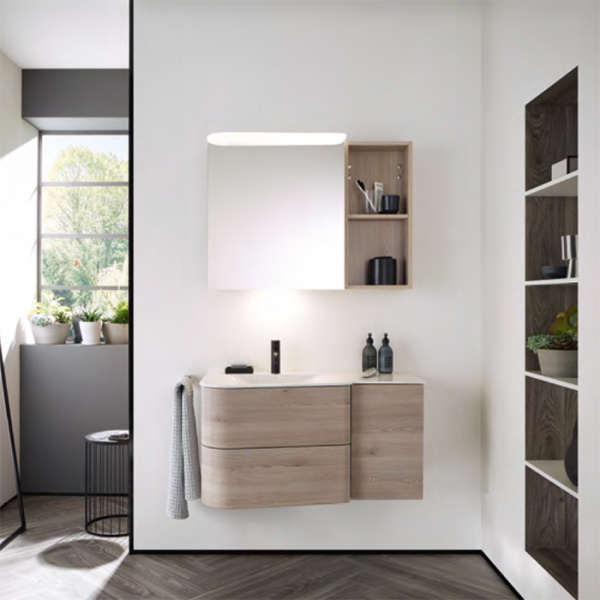 BurgBad Badu База подвесная с дв умыв. из мин литья 92х51х49.2см, (раковина слева) столешница, 1дверь,1 стекл полка сбоку, цвет: F3696 дуб фланелевый