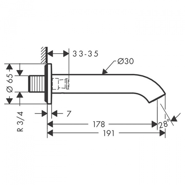 Axor Uno Излив для ванны, 178мм, настенный, ¾’, цвет: шлифованный никель