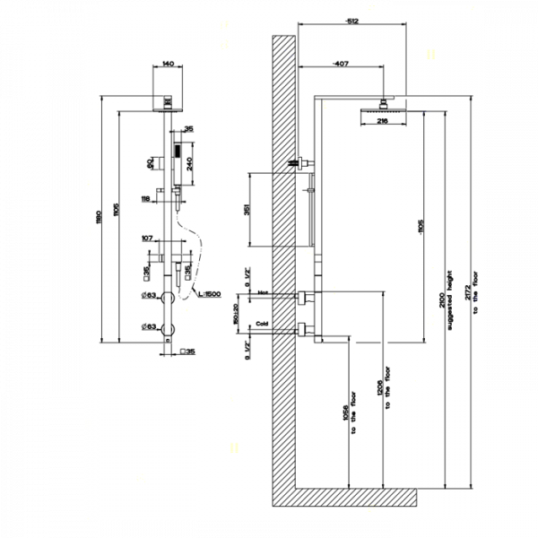 Gessi Rettangolo Термостатический смеситель с верхним душем, авт.переключателем ванна/душ, регулируемой лейкой и шлангом 1,5м, высота 1180мм, цвет: хром