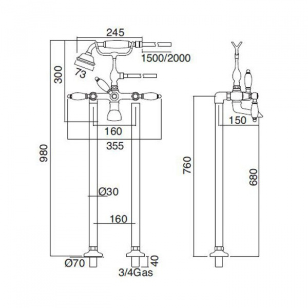 Sbordoni Livia Смеситель для ванны напольный h680мм с ручным душем, цвет: глянцевая латунь