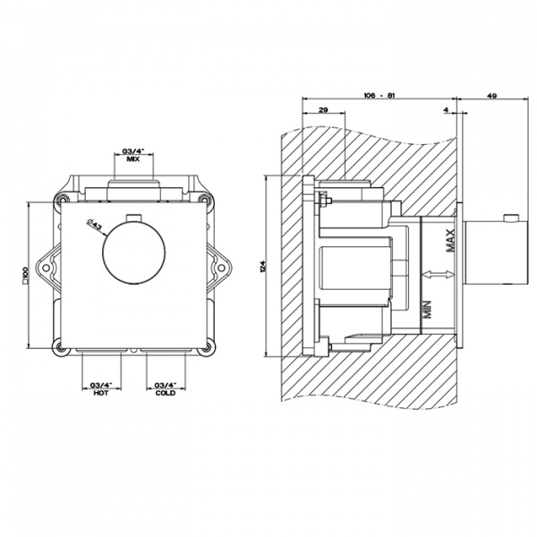 Gessi 316 Встраиваемый термостатический смеситель на 1 источник, резьба 3/4", внешняя часть, цвет: steel brushed