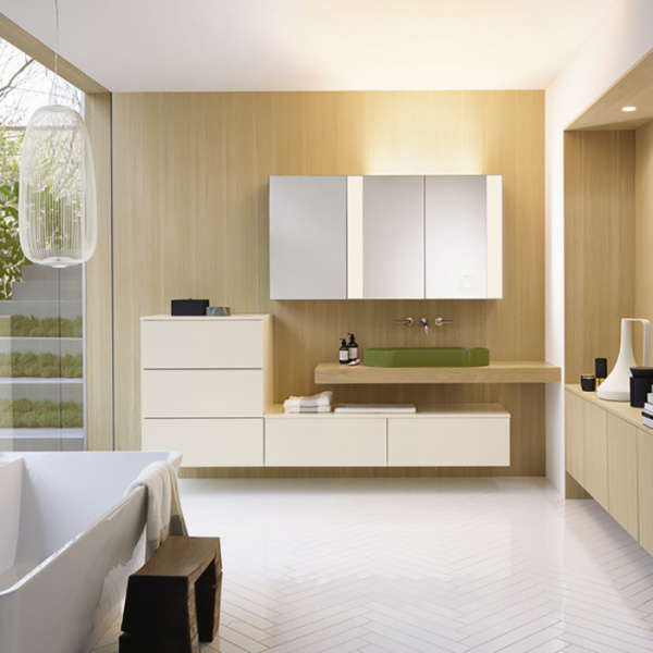 BURGBAD RC40 Комплект мебели 260см., столешница с раковиной RAL6013 Reed green, тумба с 5 ящиками, зеркальный шкаф с подсветкой, отделка: Eiche Authentic/Champagner Hochglanz