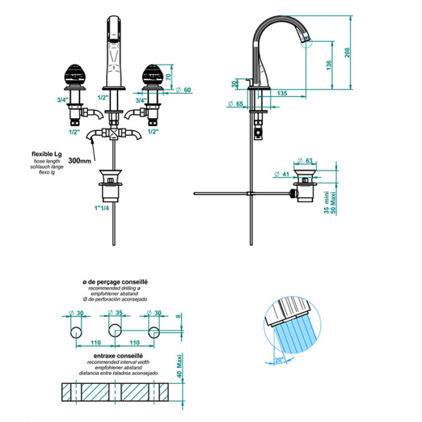 THG Marquise porcelaine noire Смеситель для раковины, 3 отв., цвет: золото/черный фарфор