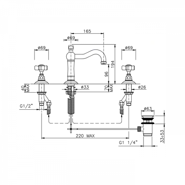 Nicolazzi Dames Anglaises Смеситель для раковины на 3 отверстия, с донным клапаном, излив: 165мм, цвет: хром