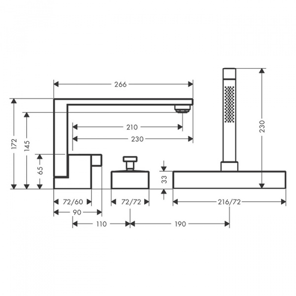 Axor Edge Смеситель на борт ванны, на 3 отв., с ручным душем, излив 210мм, алмазная огранка, цвет: красное золото