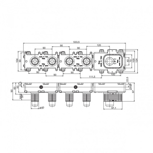 Carlo Frattini Внутренняя часть встраиваемого термостатического смесителя для ванны, с изливом и душевым комплектом
