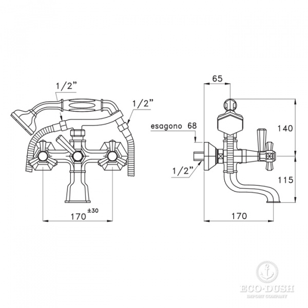 Stella Eccelsa Смеситель для ванны 3274/306FB с ручным душем, цвет: золото